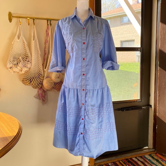 Vintage Dresses & Skirts - Vintage 1950s Chambray Button Down Blue Midi Drop Waist Dress Large Western Fem